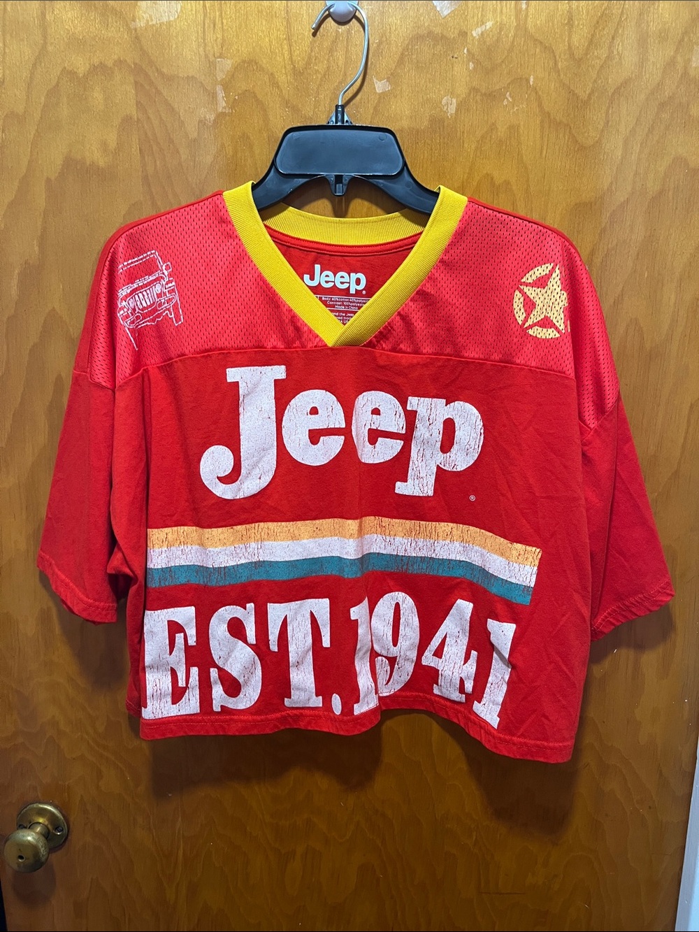 Fashion Nova Red Crop Jersey with Yellow Neck Trim and Multicolor Stripe